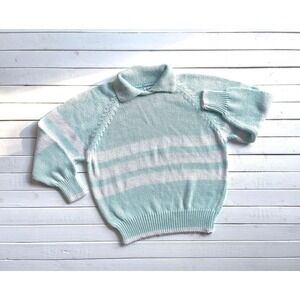striped sweater 80s‎ vintage white turquoise aqua blue cotton sweater